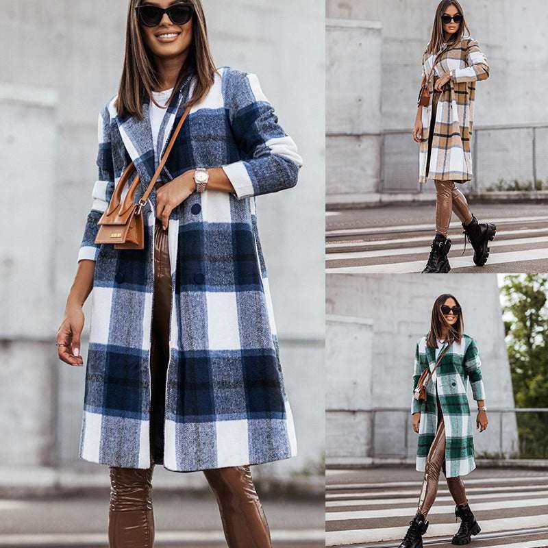 European And American Fall Winter Fashion Brushed Mid-length Plaid Wool Coat - globaltradeleader