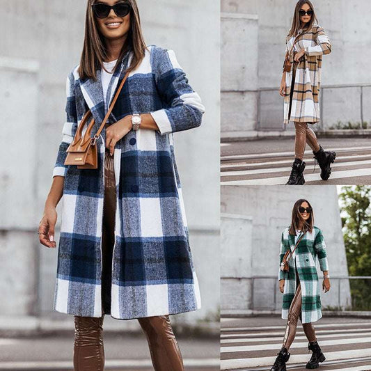 European And American Fall Winter Fashion Brushed Mid-length Plaid Wool Coat - globaltradeleader