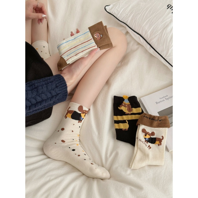 Autumn And Winter Puppy Embroidery Tube Socks Flanging Cartoon Sausage Dog Vertical Bar Bunching Socks - globaltradeleader