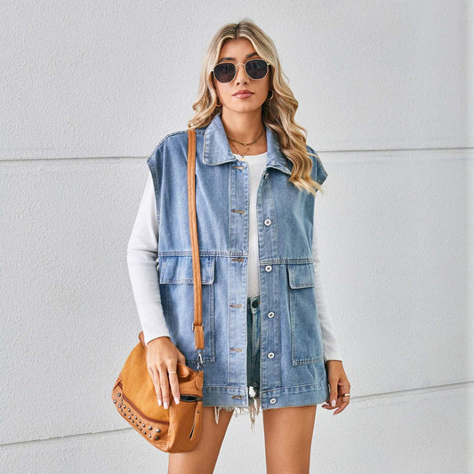 Denim Vest With Big Pockets Fashion Sleeveless Outwear Vest For Womens Clothing - globaltradeleader