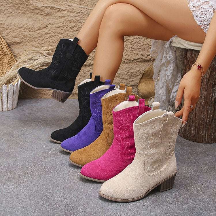 Plus Size Square Heel Round Head V Cut Women's Mid Boots - globaltradeleader