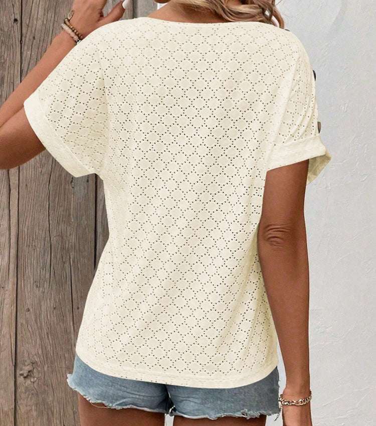 Button Solid Color Circle Loose Short Sleeve T-shirt For Women - globaltradeleader