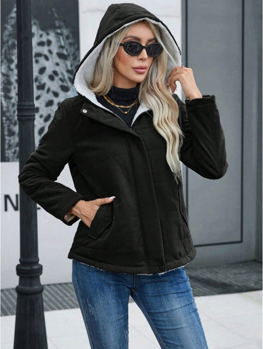 Women's Plain Zipper Front Hooded Fleece Casual Padded Padded Coat - globaltradeleader