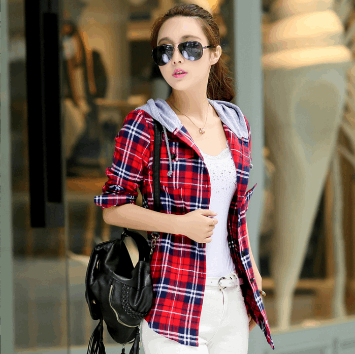 Fashion Women's Long-sleeved Plaid Hooded Shirt