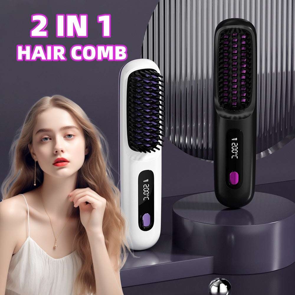 2 In 1 Straight Hair Comb Wireless Hair Straightener Brush Hair Fast Heating Portable Hot Curler USB Charging - globaltradeleader