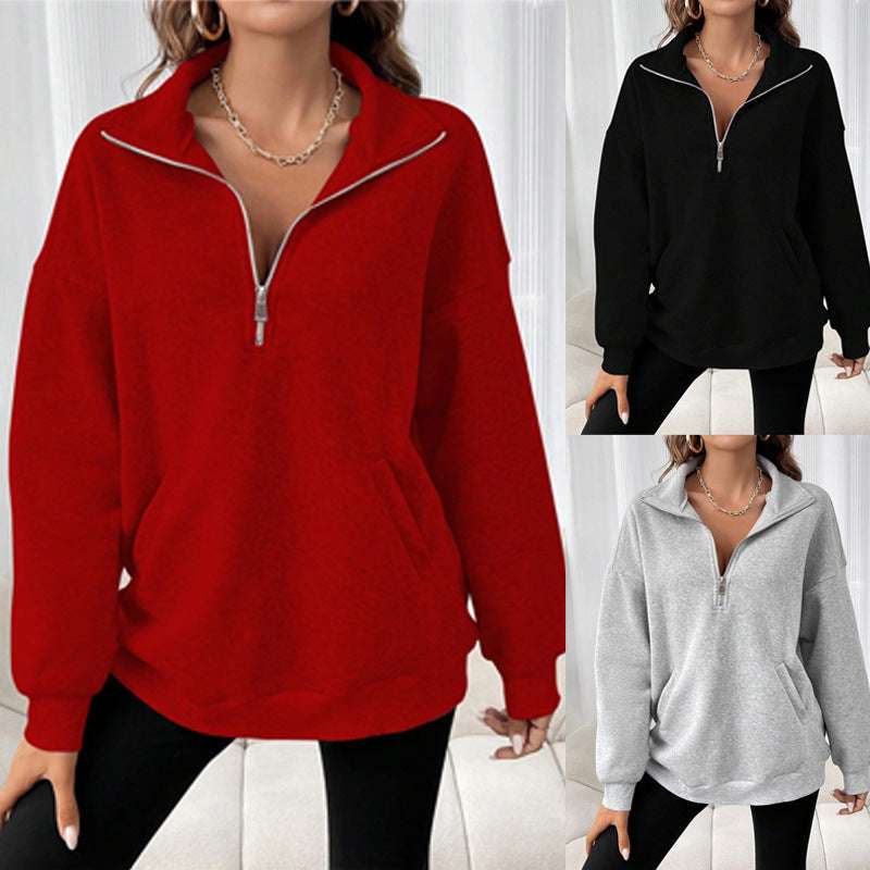 Polo Collar Solid Color Casual Women's Hoodie - globaltradeleader
