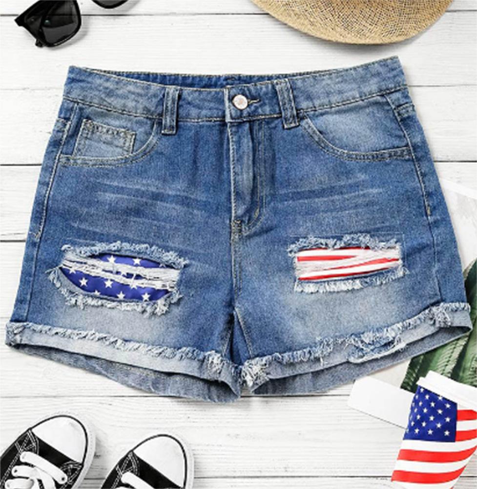 Flag Printed Patch Denim Shorts