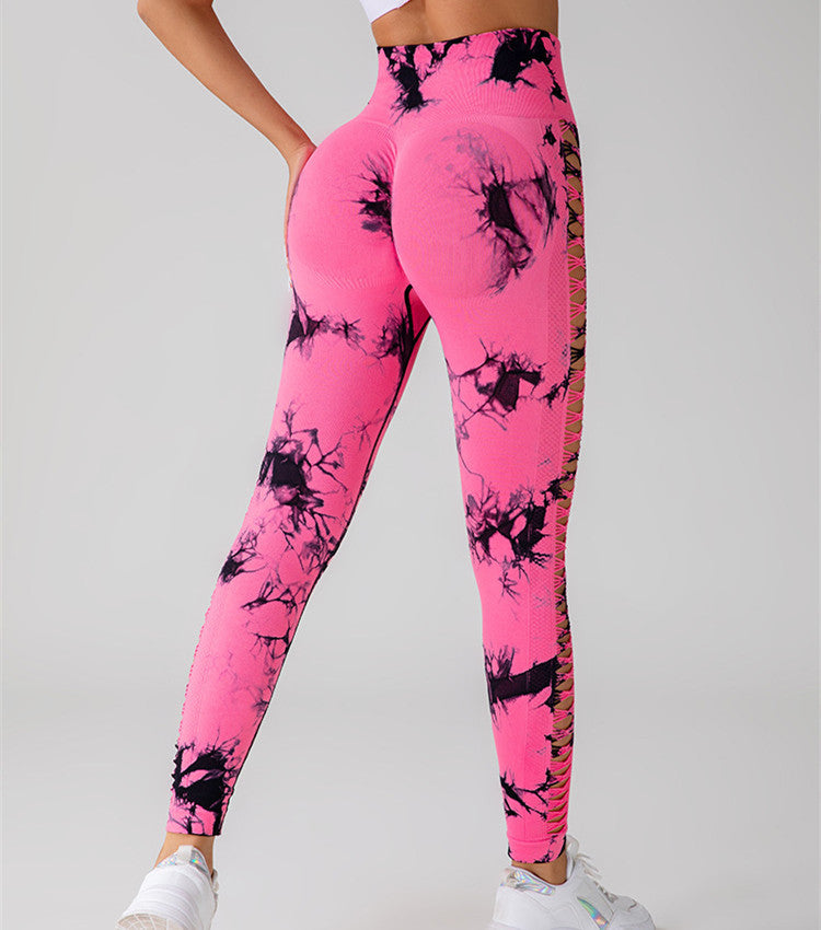 Hollow Tie Dye Printed Yoga Pants High Waist Butt Lift Seamless Sports Gym Fitness Leggings Slim Pants For Women Tight Trousers - globaltradeleader