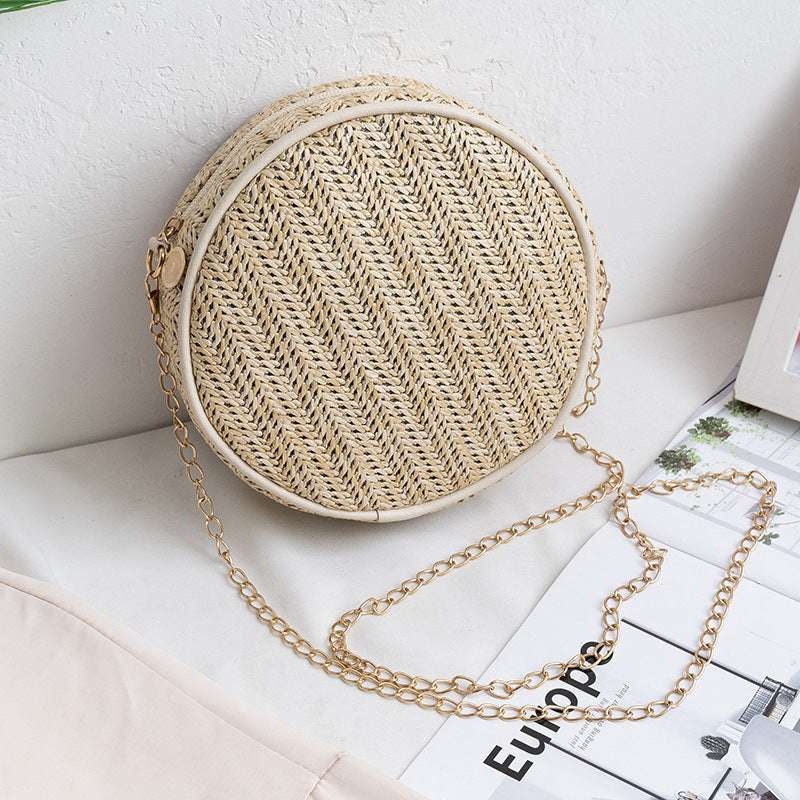 Ladies One Shoulder Straw Small Round Bag