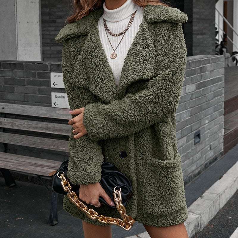 Single Breasted Bubble Fleece Jacket Loose Lapel Lamb Fleece Trench Coat - globaltradeleader