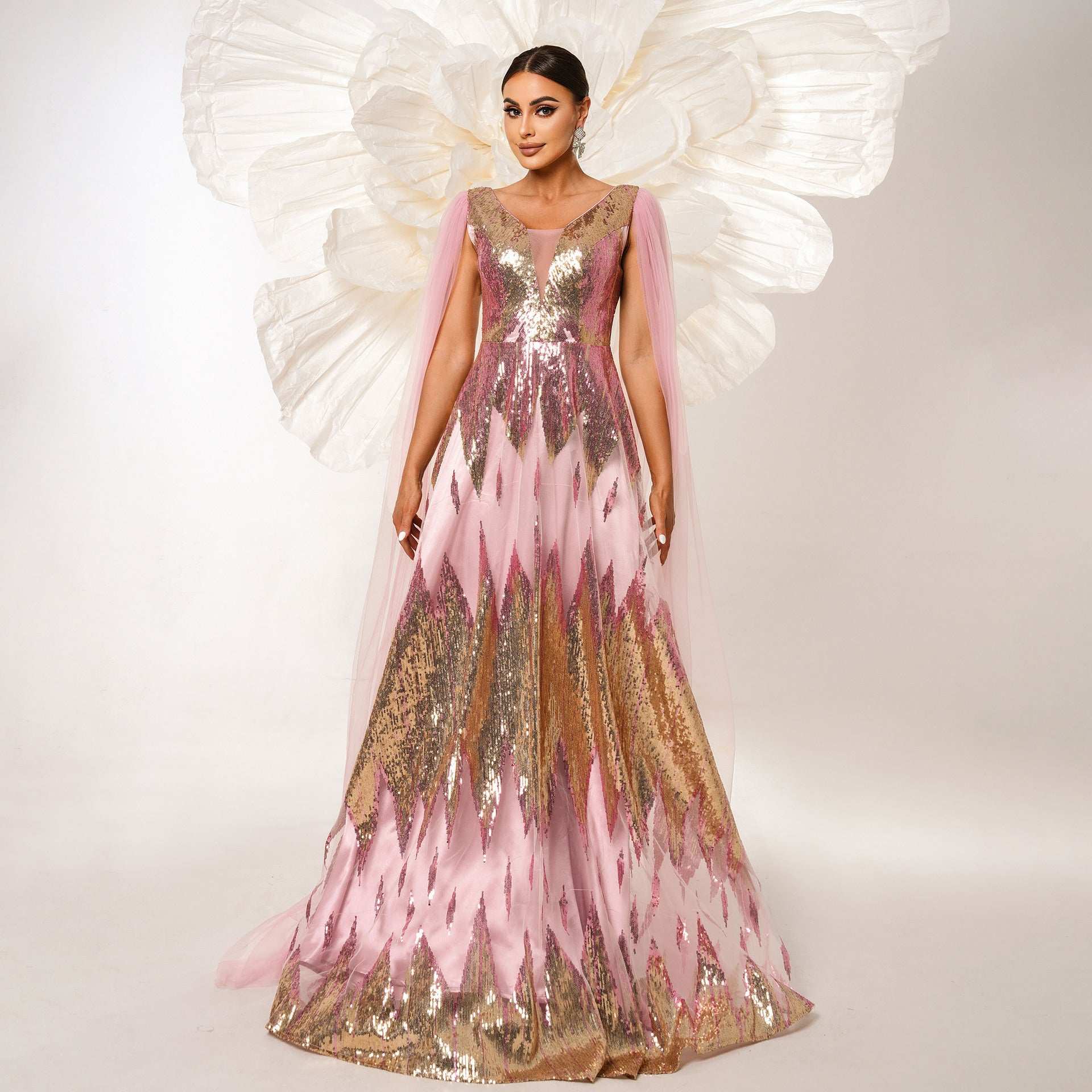 Mesh Long Sleeve V-neck Sequins Large Swing Evening Dress - globaltradeleader