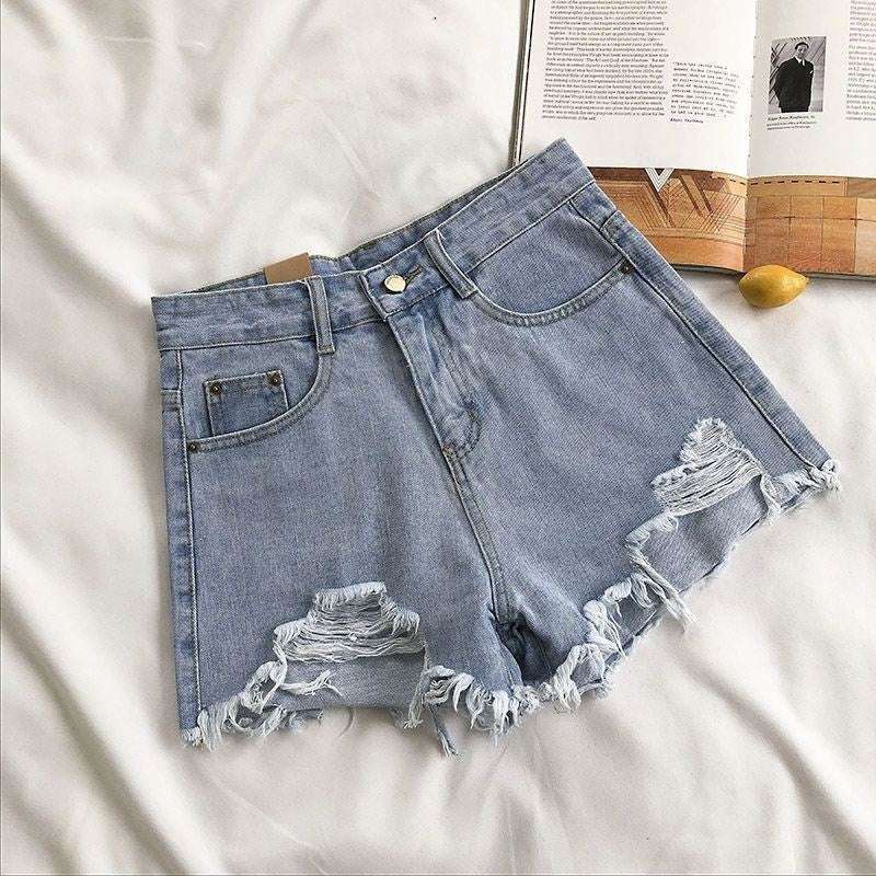 Denim Shorts Women's High Waist Loose Hole Wide Leg - globaltradeleader