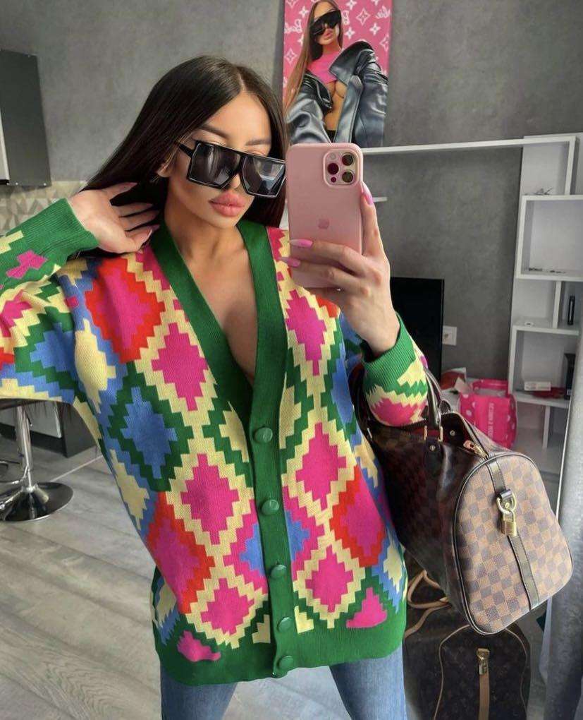 Sweater Coat Knitted Geometric Cardigan Loose
