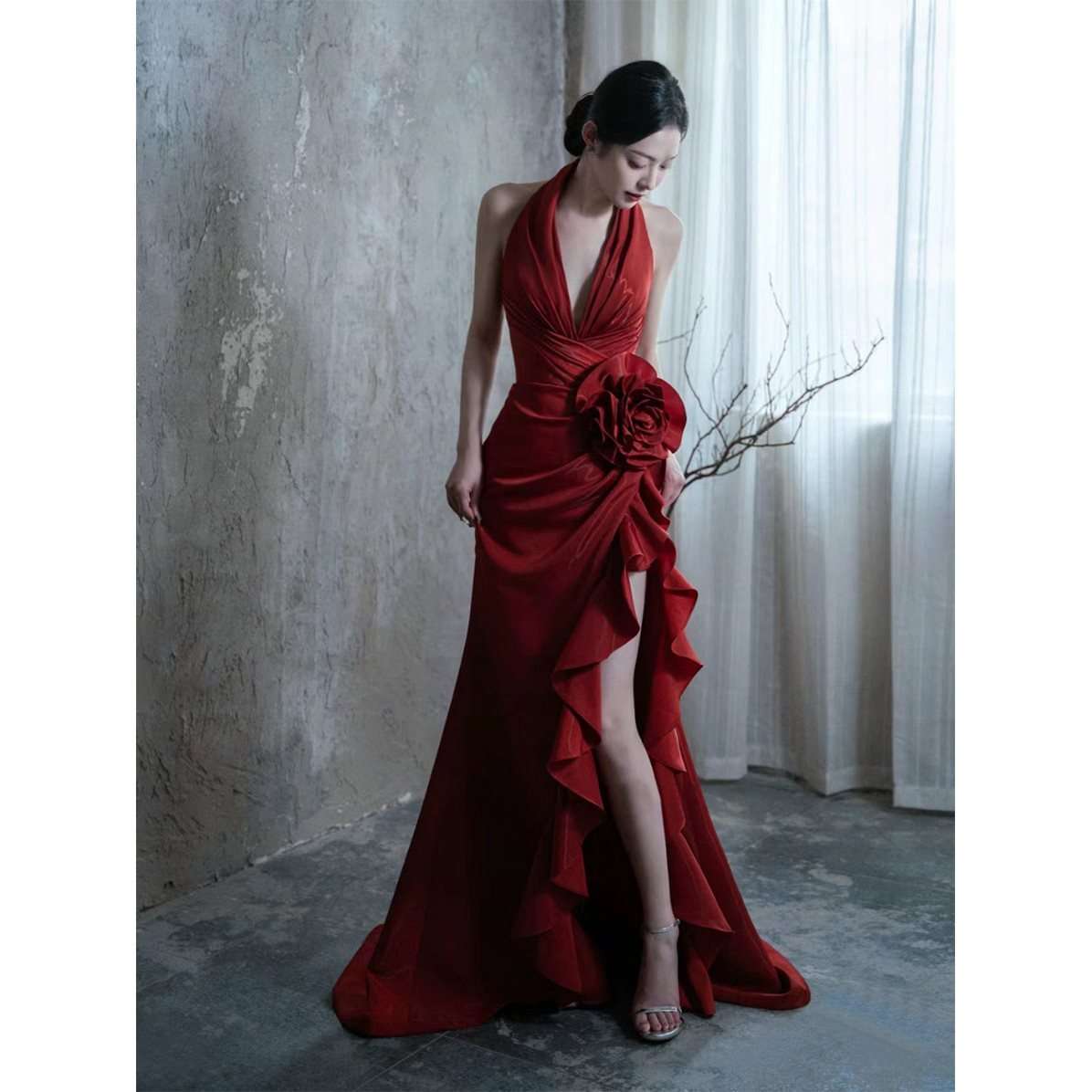 Socialite Style Wine Red Elegant Halter Bride Wedding Toast Dress - globaltradeleader