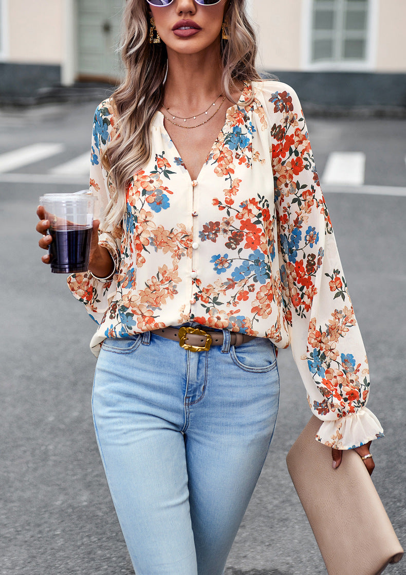 Women's Tops Casual Floral Print V Neck Long Sleeve Shirts Loose Chiffon Blouses Shirts Tops - globaltradeleader