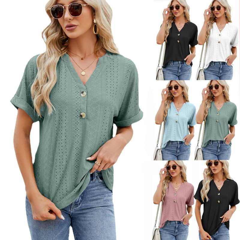 V-neck Rolled Hem Short-sleeved Top Summer Fashion Button Hollow Design Loose Casual T-shirt Womens Clothing - globaltradeleader