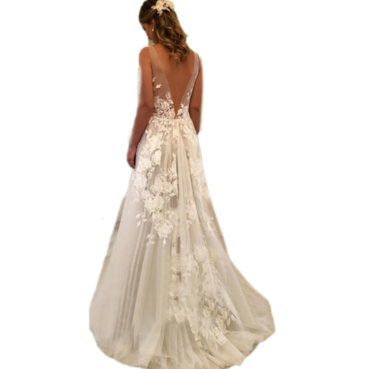 Double-shoulder Deep V-neck Slim-fit Lace Wrapped Shoulder Tail Wedding Dress - globaltradeleader