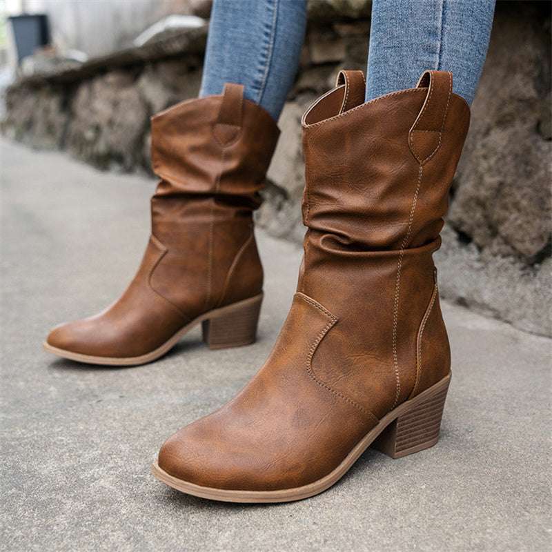 Vintage Western Cowboy Boots For Women Square Heels PU Leather Mid-Calf Shoes Autumn Winter Knight Boots Ladies - globaltradeleader