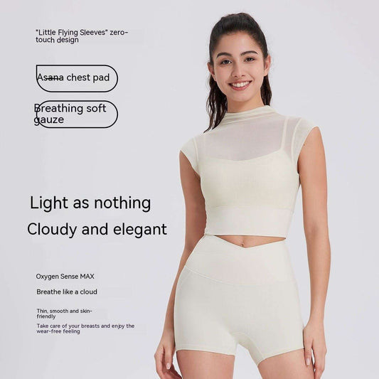 Mesh Yoga Clothes Flounced Sleeve Running Quick-drying Sports Bra With Chest Pad - globaltradeleader