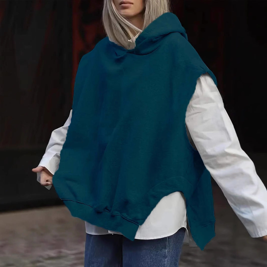 Women's Solid Color Style Loose Sleeveless Hooded Jacket Sweater - globaltradeleader