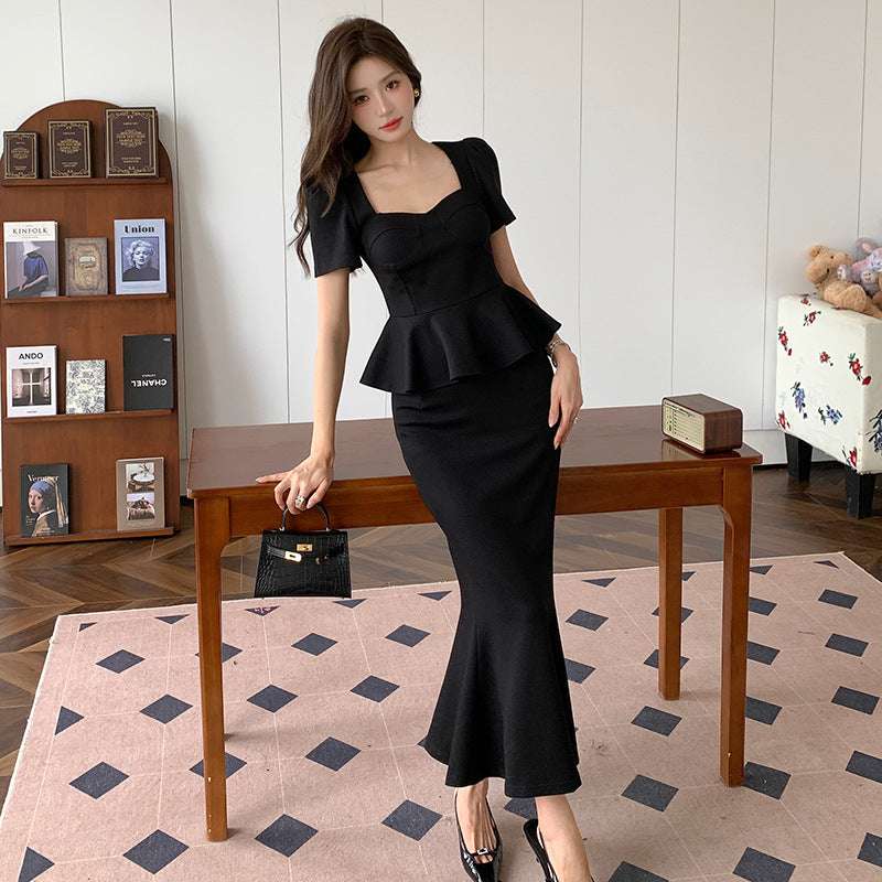 Temperament Square Collar Ruffled Flab Hiding Slimming Fishtail Skirt Suit - globaltradeleader