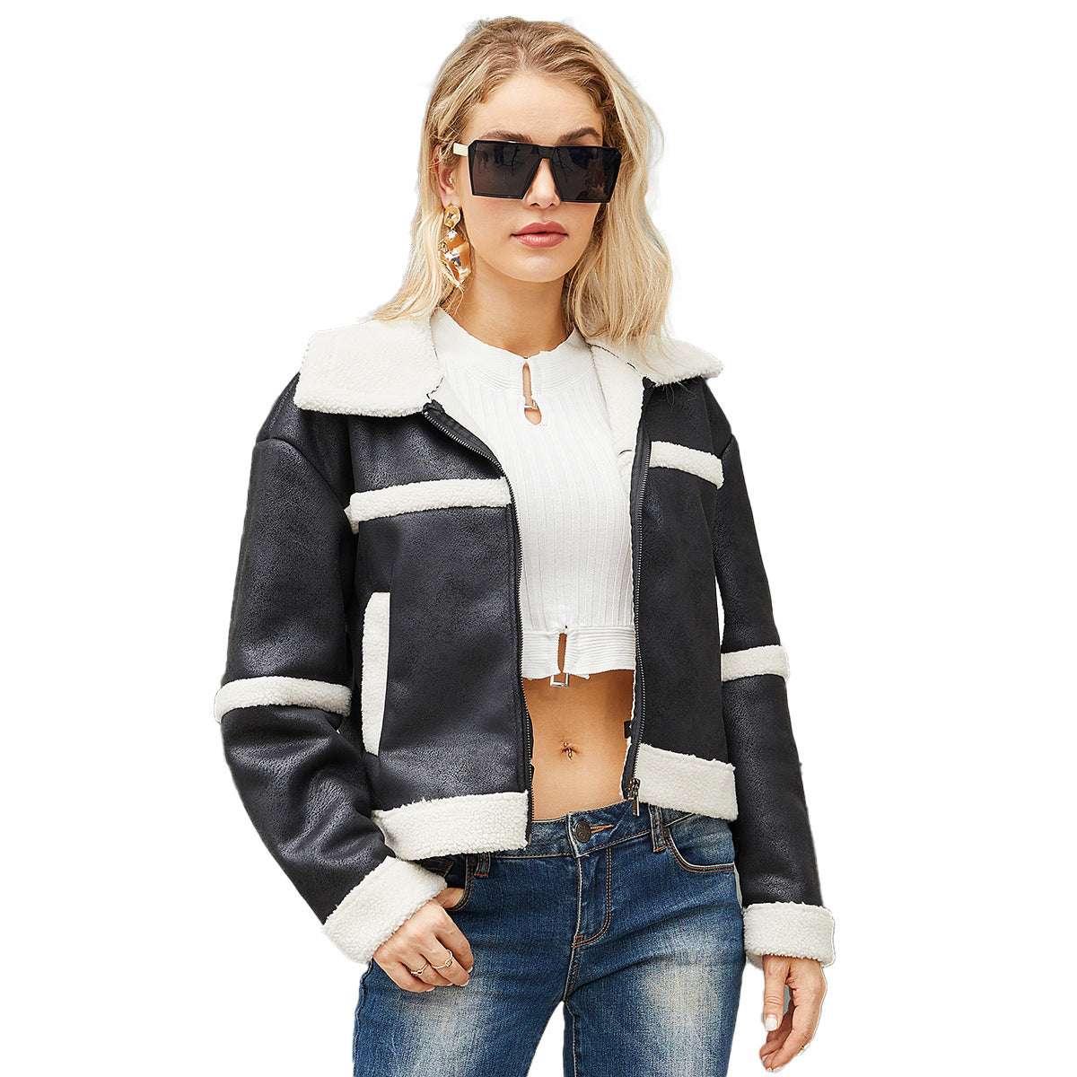 Suede Women's Fashionable Warm Fleece Leather Jacket - globaltradeleader