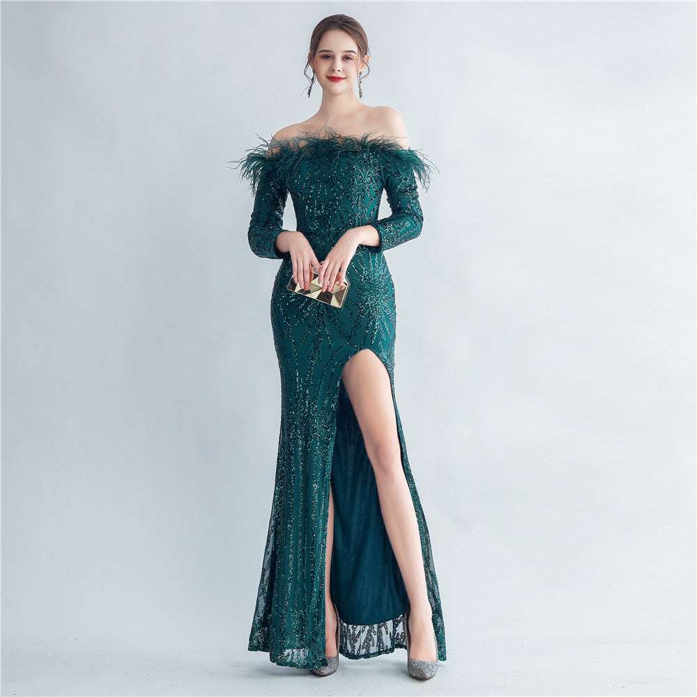 High-density Ostrich Feather Sequins Off-shoulder Long Sleeve Fishtail High-end Evening Dress - globaltradeleader