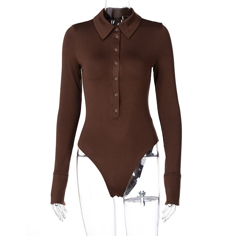 Women's Fashionable Temperament Polo Collar Half Button Slim-fit Long-sleeved Jumpsuit - globaltradeleader