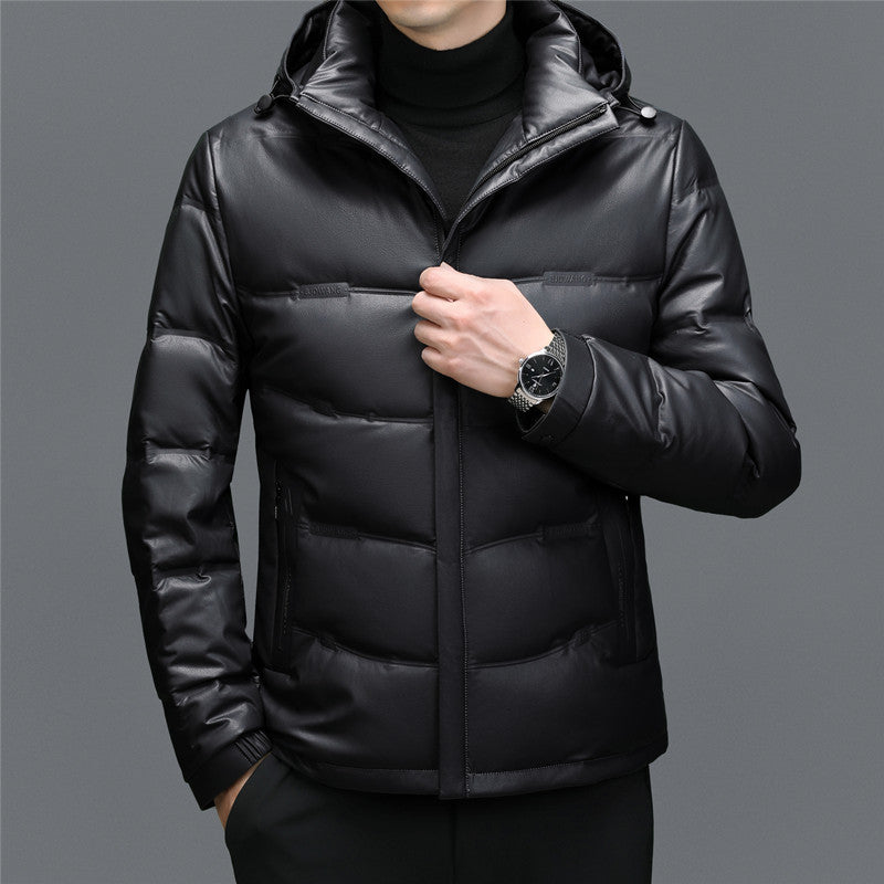 Men's Casual Solid Color White Duck Down Warm Hooder Leather Coat - globaltradeleader