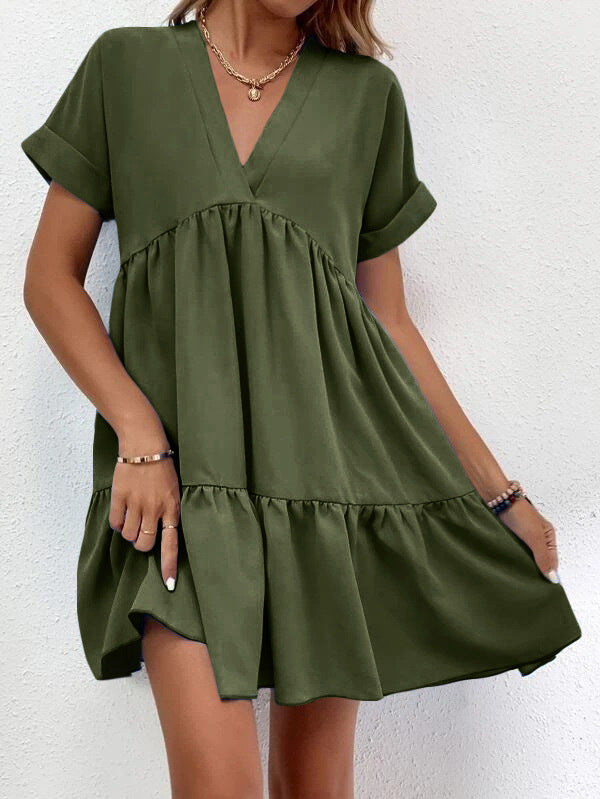 New Short-sleeved V-neck Dress Summer Casual Sweet Ruffled Dresses Solid Color Holiday Beach Dress For Womens Clothing - globaltradeleader