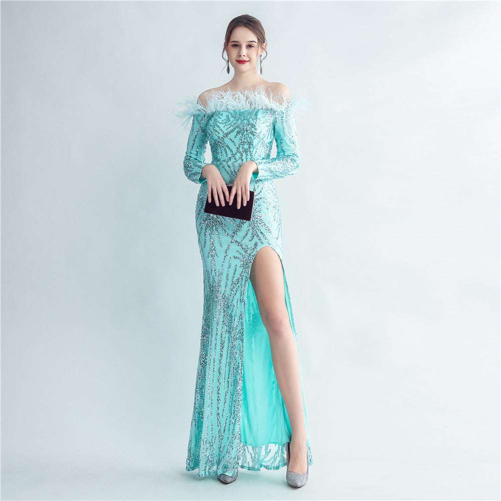 High-density Ostrich Feather Sequins Off-shoulder Long Sleeve Fishtail High-end Evening Dress - globaltradeleader