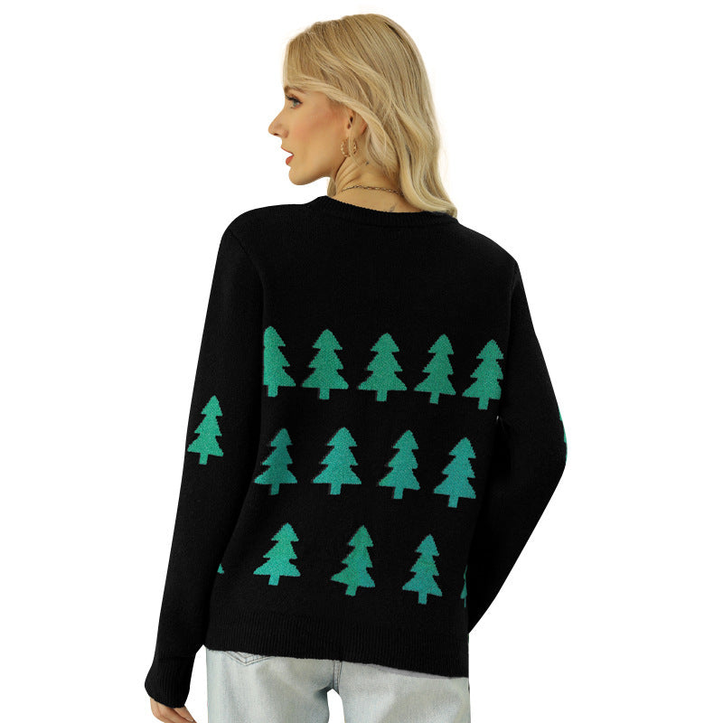 Women's Jacquard Christmas Tree Long Sleeve Red Christmas Sweater - globaltradeleader