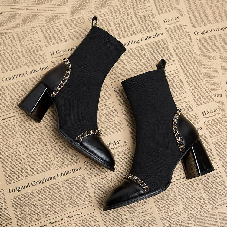 New French Square Toe Chunky Heel High Heel Temperament Short Boots For Women - globaltradeleader