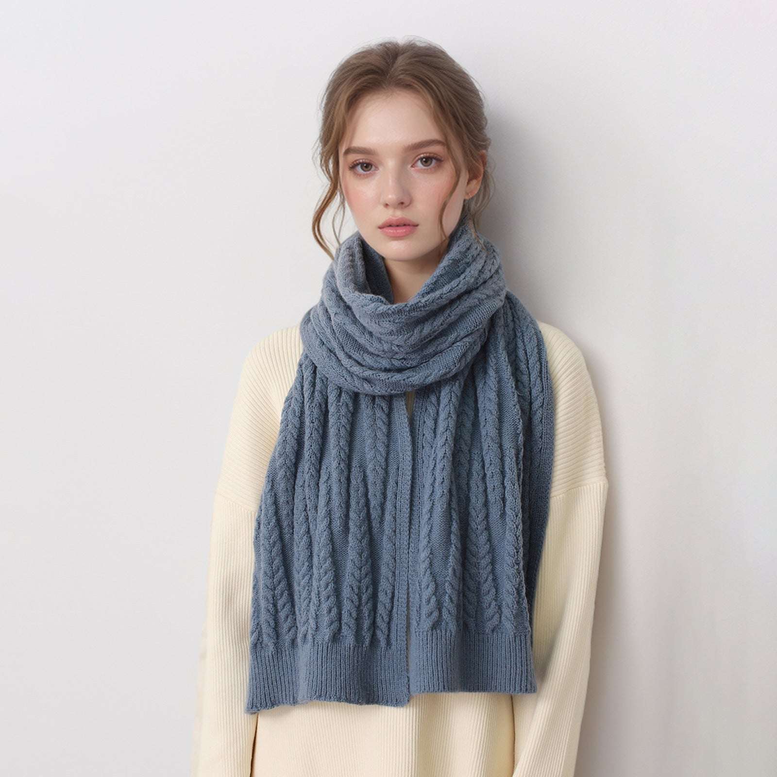 European And American Autumn And Winter Thickening Warm Wool Scarf Artificial Cashmere Solid Color Texture Knitted Scarf