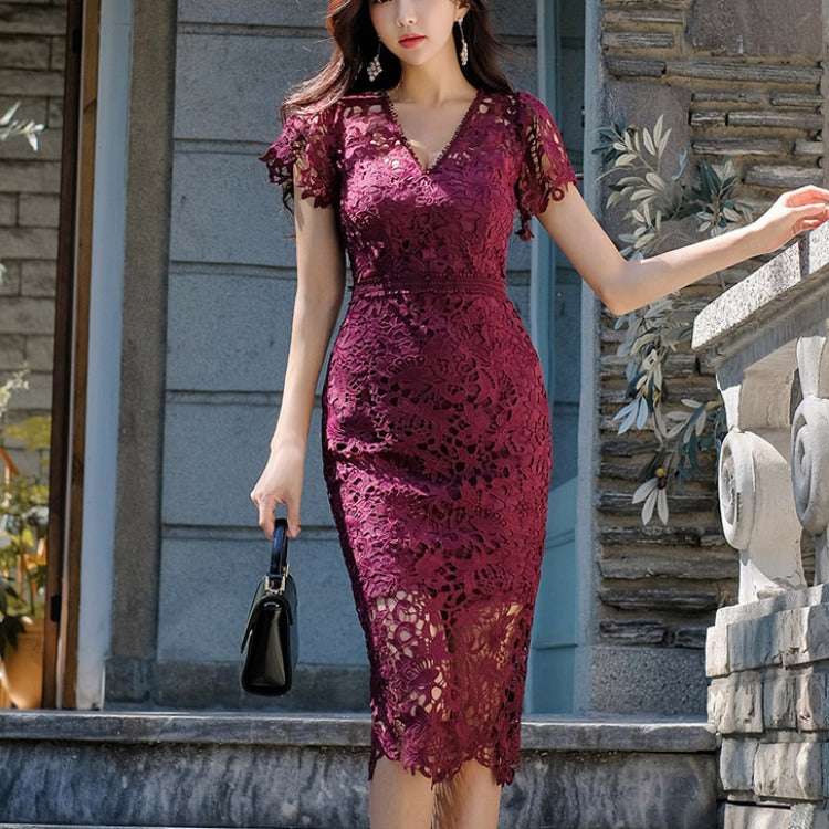 Hollow Out Water-soluble Lace Dress With V-neck And Slim Fit