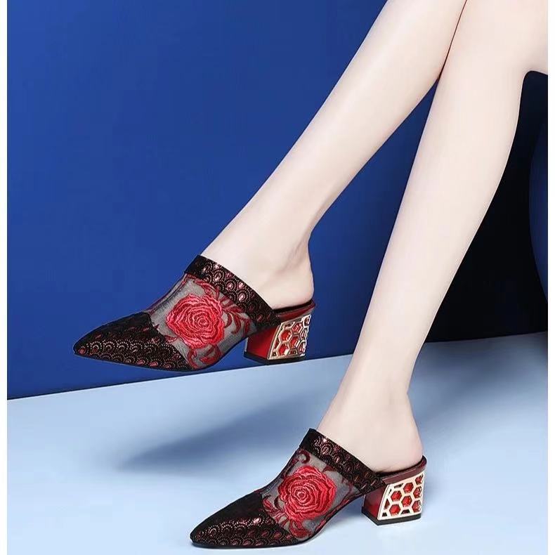 Ethnic Wind Rhinestone Mid-heel Mesh Slippers - globaltradeleader