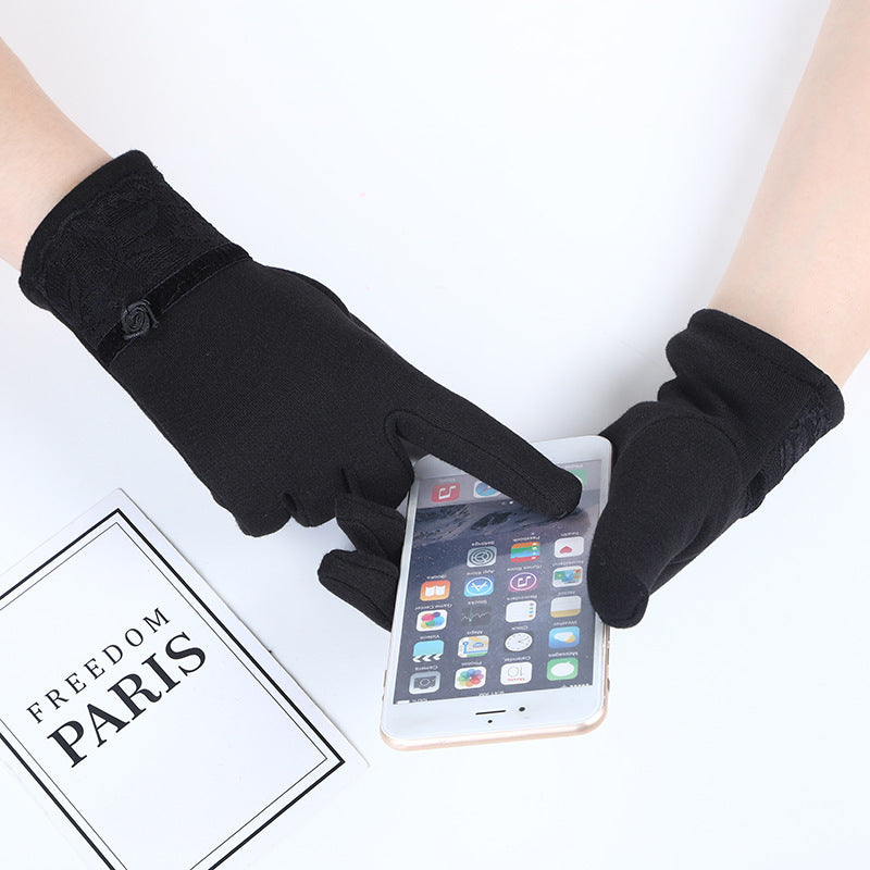 New Women's Outdoor Cycling Gloves Winter Solid Color Touch Screen Windproof Warm Gloves Lace Velvet Gloves - globaltradeleader