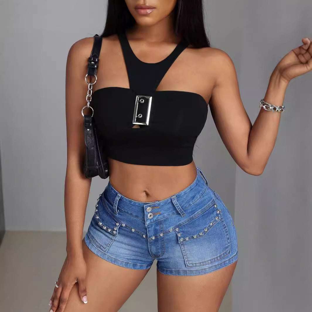 Mid-low Waist Beaded Mid-elastic Denim Shorts - globaltradeleader