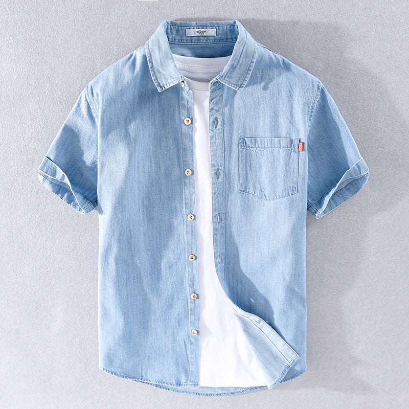 Summer Cotton Short Sleeve Denim Shirt For Men Classic All-matching - globaltradeleader