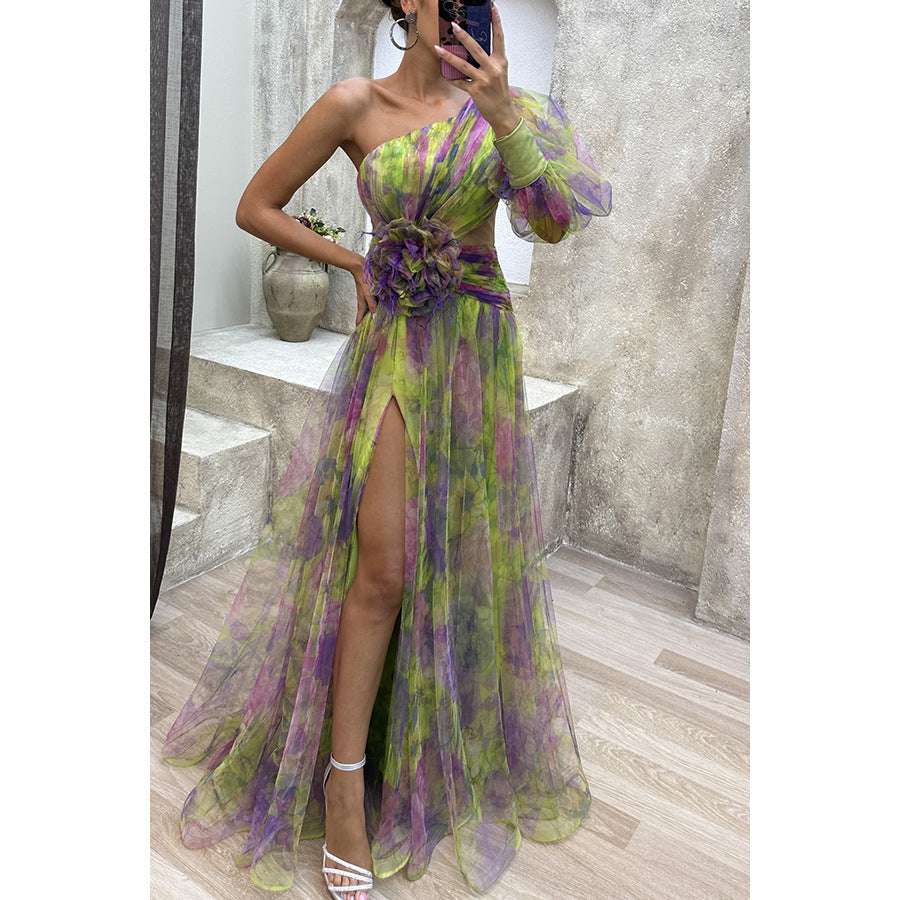 Mesh Tie-dye Printed Off-shoulder Slit Dress Summer INS Fashion Long Dress Party Womens Clothing - globaltradeleader