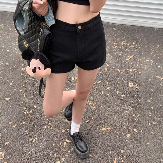 Black Denim Shorts High Waist Slimming Hot Pants - globaltradeleader