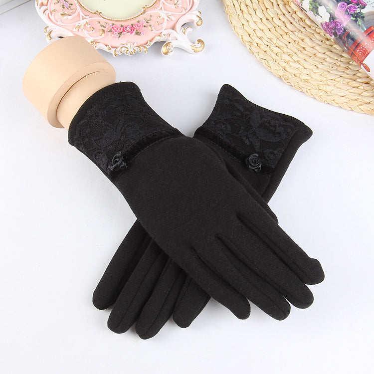 New Women's Outdoor Cycling Gloves Winter Solid Color Touch Screen Windproof Warm Gloves Lace Velvet Gloves - globaltradeleader