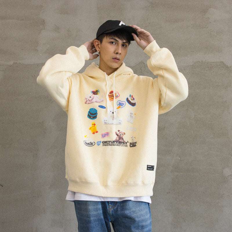 Funny Cartoon Print Tide Brand Casual Hooded Plus Fleece Sweater