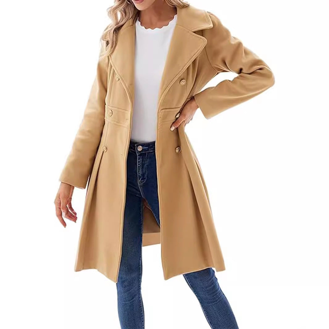 Women's Windbreaker Lapel Double Breasted Pocket A- Line Pea Coat - globaltradeleader