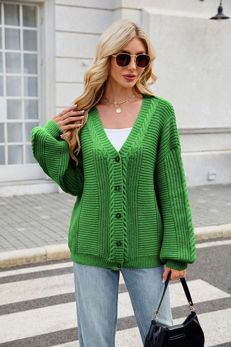 Women's Loose Long-sleeved V-neck Twisted Knitted Sweater Coat