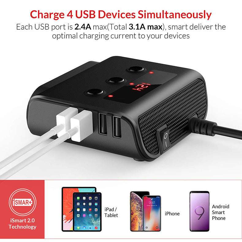 Car High-power Cigarette Lighter Extension Charger 4-port USB Charger