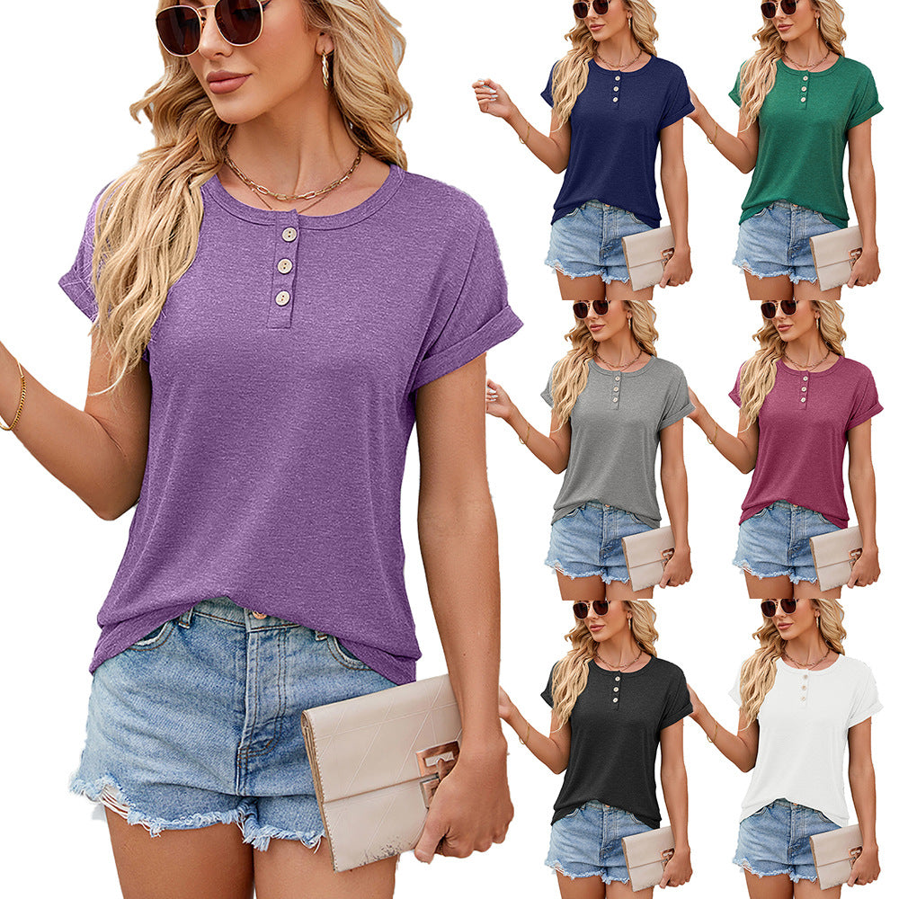 Solid Color Round Neck Button Short Sleeve T-Shirt New Summer Loose Top For Womens Clothing - globaltradeleader