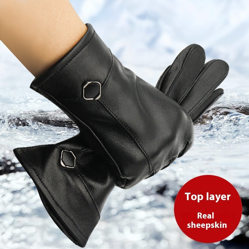 Autumn And Winter Women's Leather Gloves Fleece-lined Thick Windproof Warm Touch Screen Sheepskin - globaltradeleader