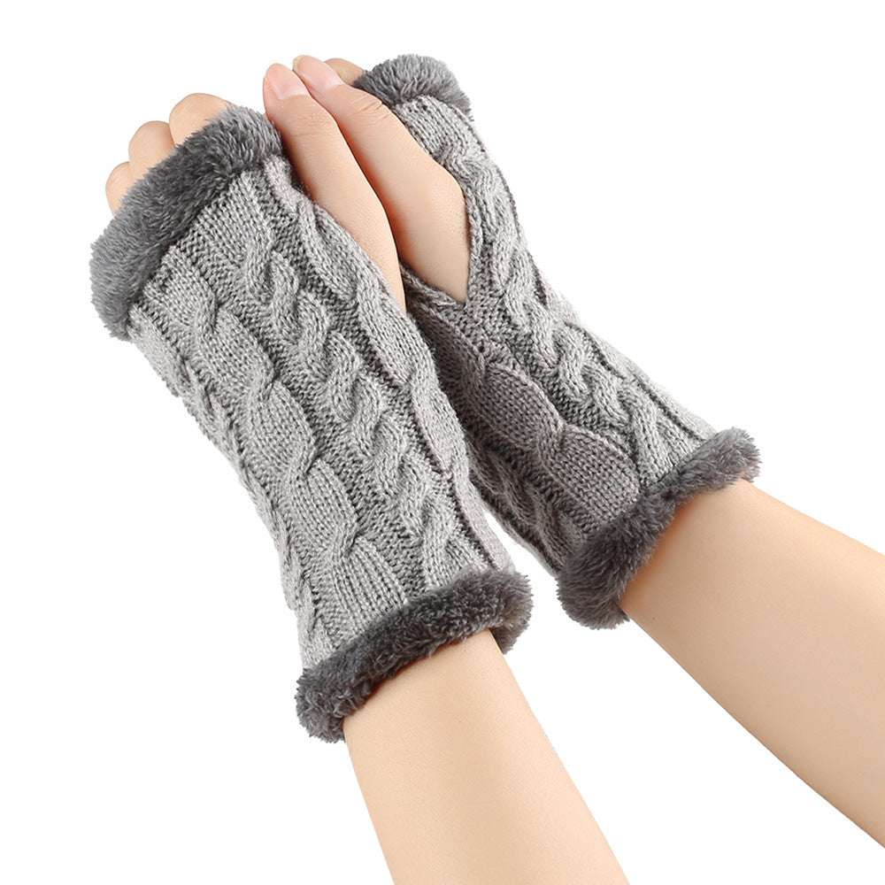 Winter Plush Gloves Twist Knitted Fingerless Fleece Gloves Women Warm Thickened Woolen Gloves - globaltradeleader