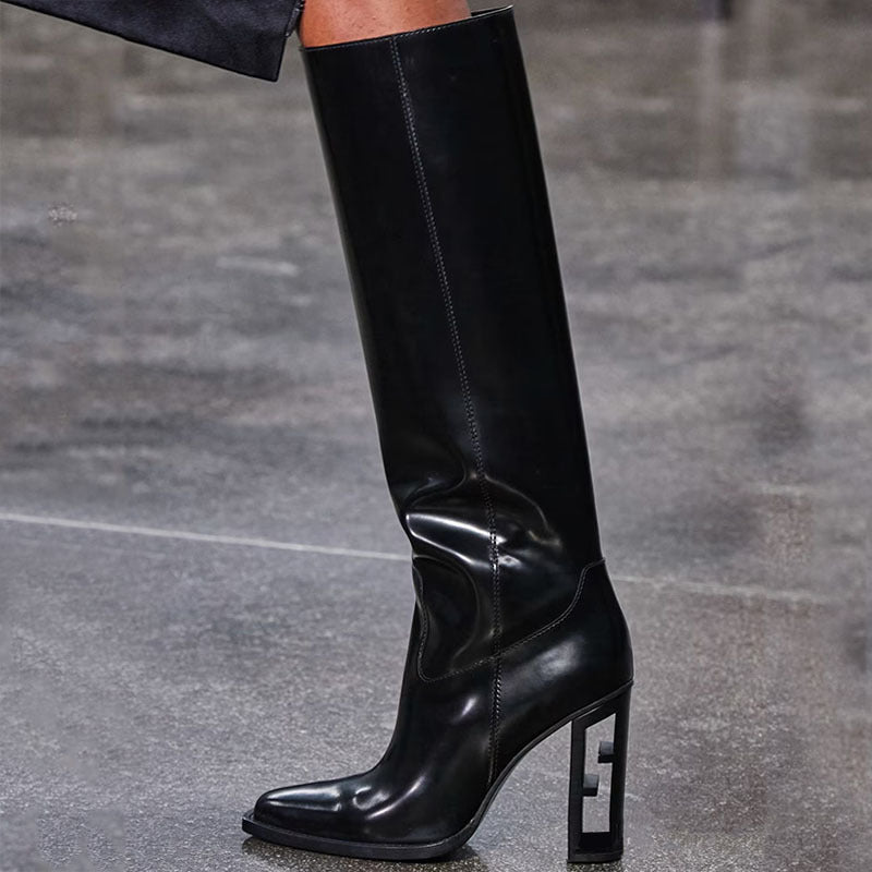 Square Toe Hollow-out Chunky Heel Cowhide Commuter Long Fashion Boots - globaltradeleader